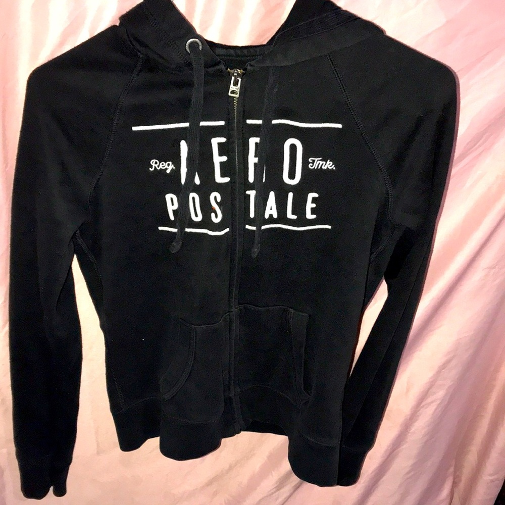 Size Xs Aeropostale zipped up black sweater with hoodie.